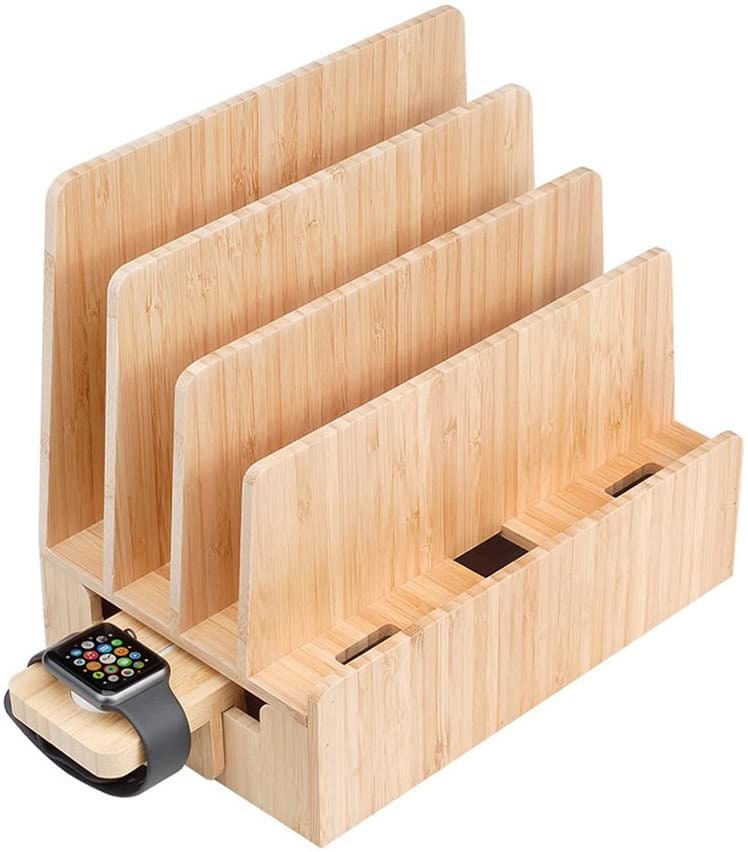 Bamboo Charging Station with Watch Charger Adapter – Multi-Device Organizer for Desk or Nightstand