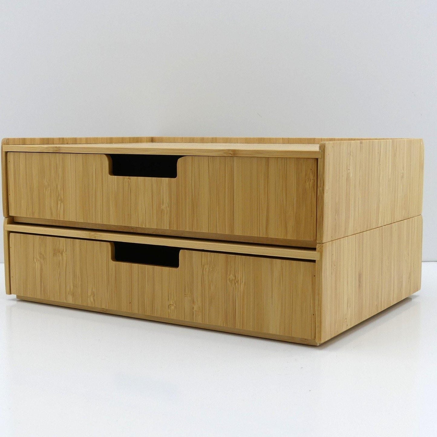 Set of 2 Bamboo Monitor Stands with Pull-Out Storage Drawers – Stackable Desktop Organizer