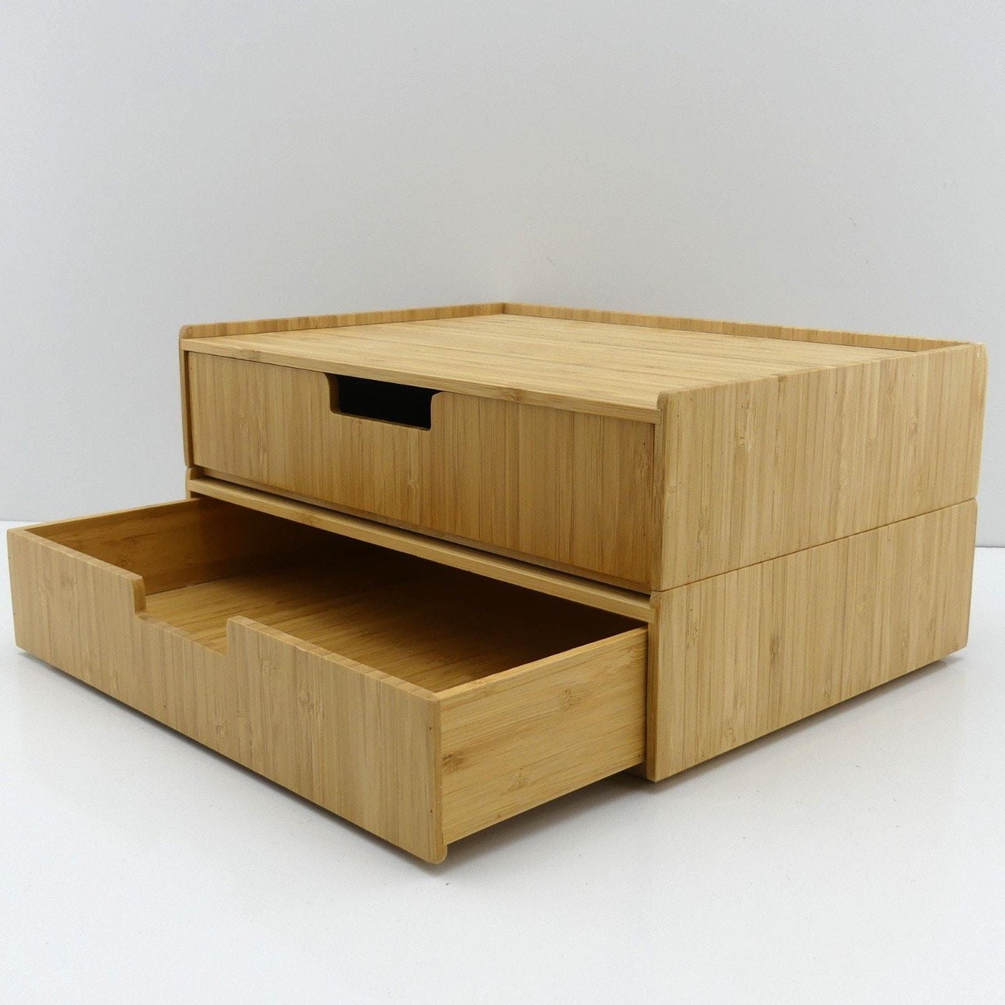 Set of 2 Bamboo Monitor Stands with Pull-Out Storage Drawers – Stackable Desktop Organizer