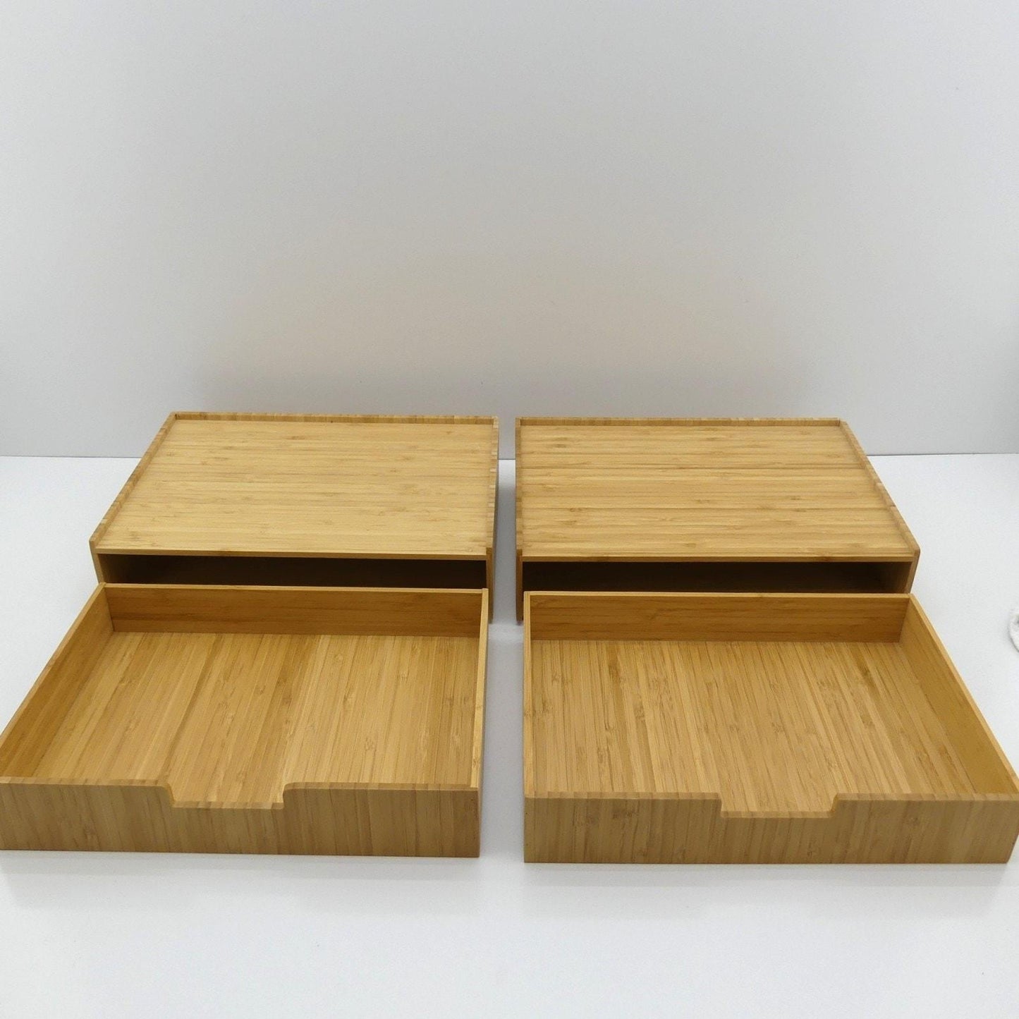 Set of 2 Bamboo Monitor Stands with Pull-Out Storage Drawers – Stackable Desktop Organizer